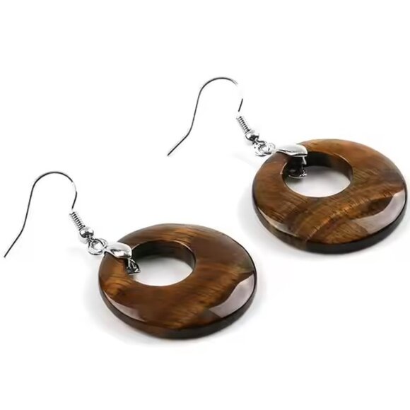 Tiger Eye Natural Stone Gemstone Round Hollow Healing Dangle Earrings - Picture 1 of 2